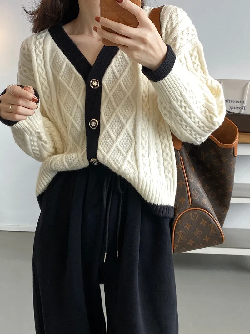 [Korean Style] Contrast Color Cable Knit Chunky Sweater Cardigan