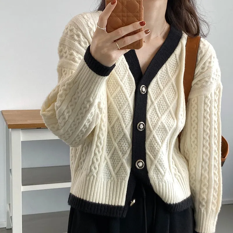 [Korean Style] Contrast Color Cable Knit Chunky Sweater Cardigan