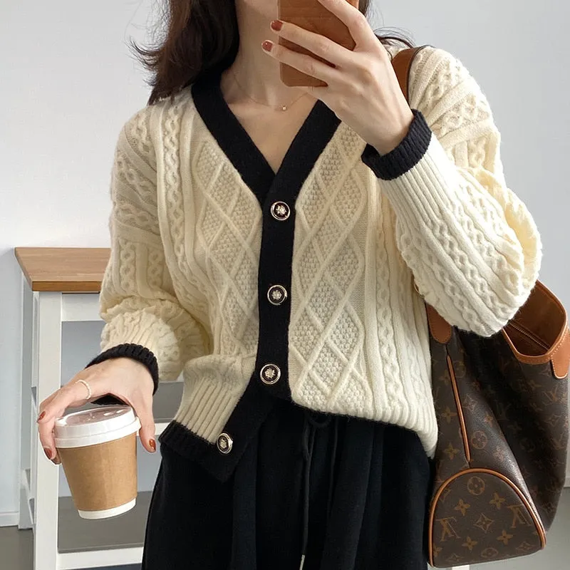 [Korean Style] Contrast Color Cable Knit Chunky Sweater Cardigan