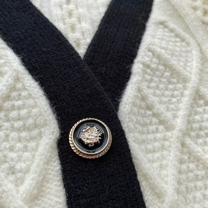 [Korean Style] Contrast Color Cable Knit Chunky Sweater Cardigan