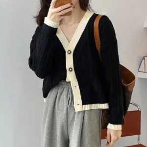[Korean Style] Contrast Color Cable Knit Chunky Sweater Cardigan