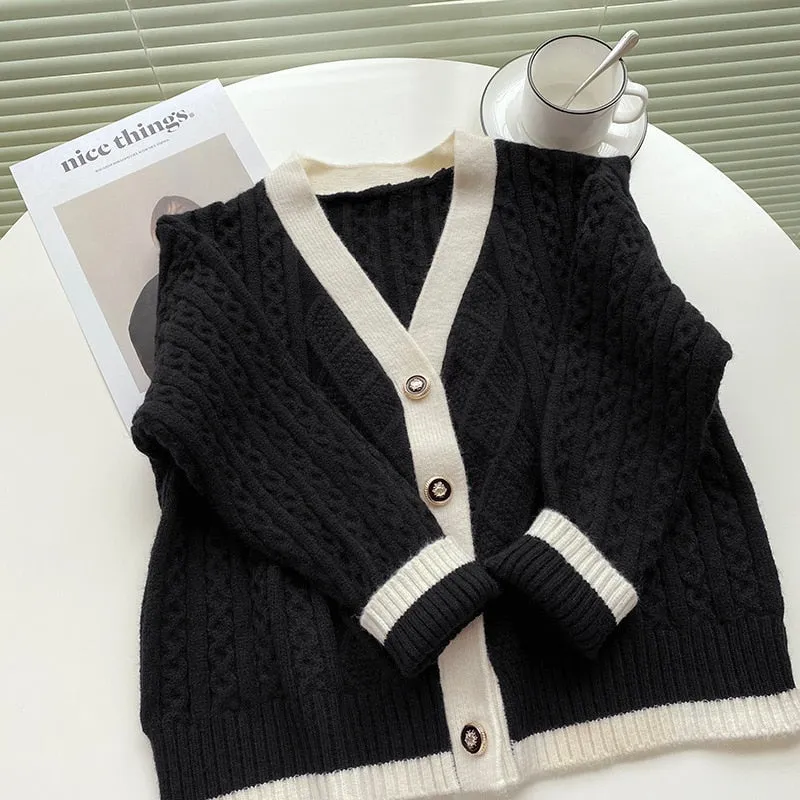 [Korean Style] Contrast Color Cable Knit Chunky Sweater Cardigan