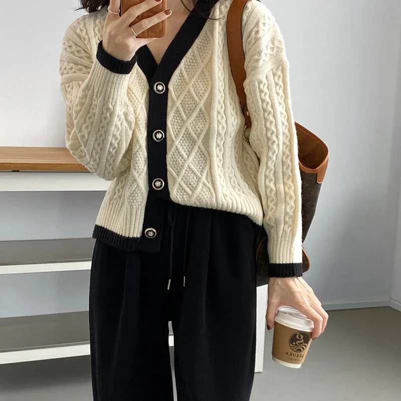 [Korean Style] Contrast Color Cable Knit Chunky Sweater Cardigan