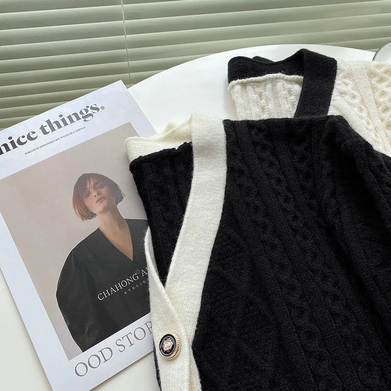 [Korean Style] Contrast Color Cable Knit Chunky Sweater Cardigan