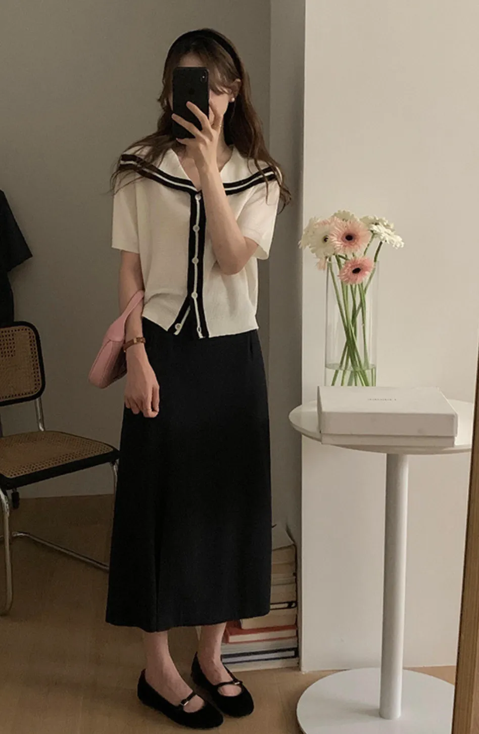 [Korean Style] Contrast Color Navy Collar Short Sleeve Knit Top