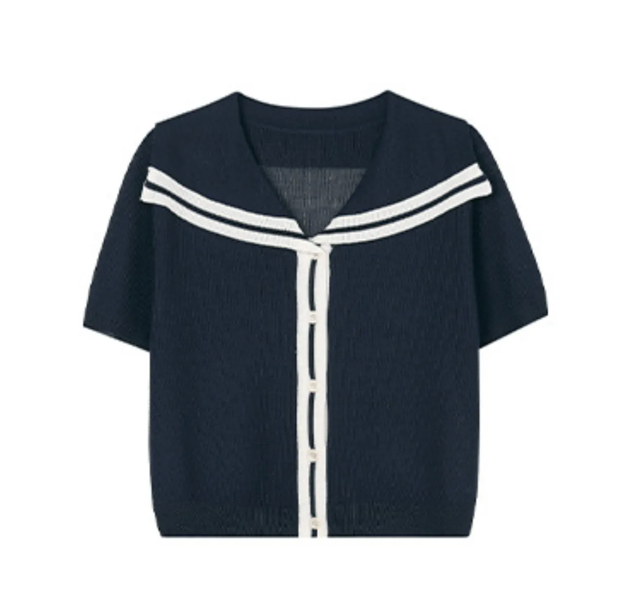 [Korean Style] Contrast Color Navy Collar Short Sleeve Knit Top