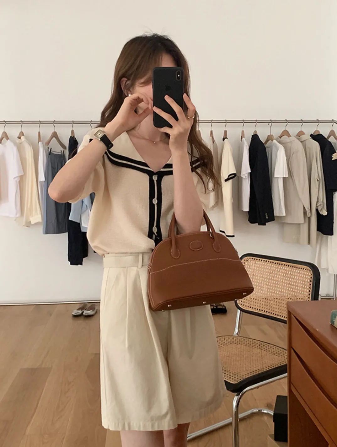 [Korean Style] Contrast Color Navy Collar Short Sleeve Knit Top