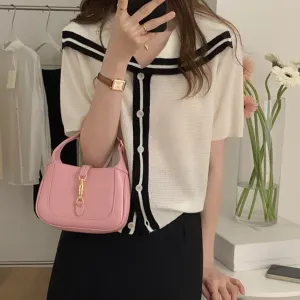 [Korean Style] Contrast Color Navy Collar Short Sleeve Knit Top
