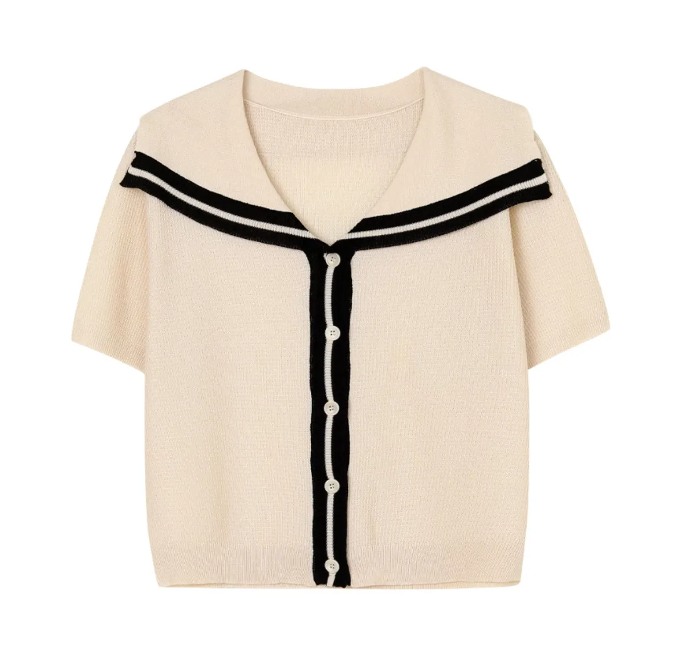 [Korean Style] Contrast Color Navy Collar Short Sleeve Knit Top