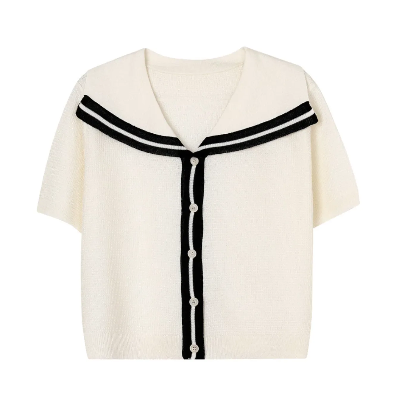 [Korean Style] Contrast Color Navy Collar Short Sleeve Knit Top