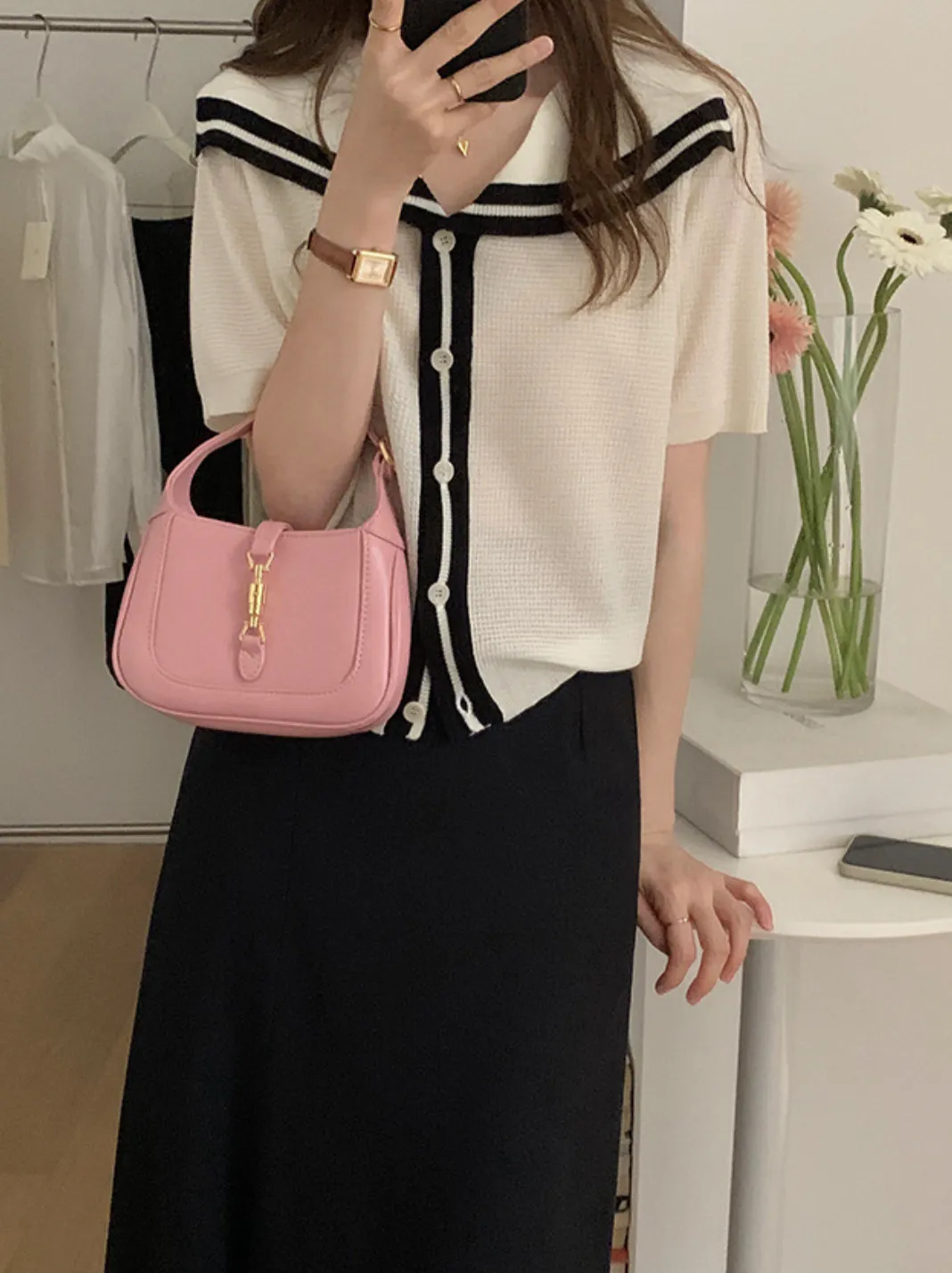 [Korean Style] Contrast Color Navy Collar Short Sleeve Knit Top
