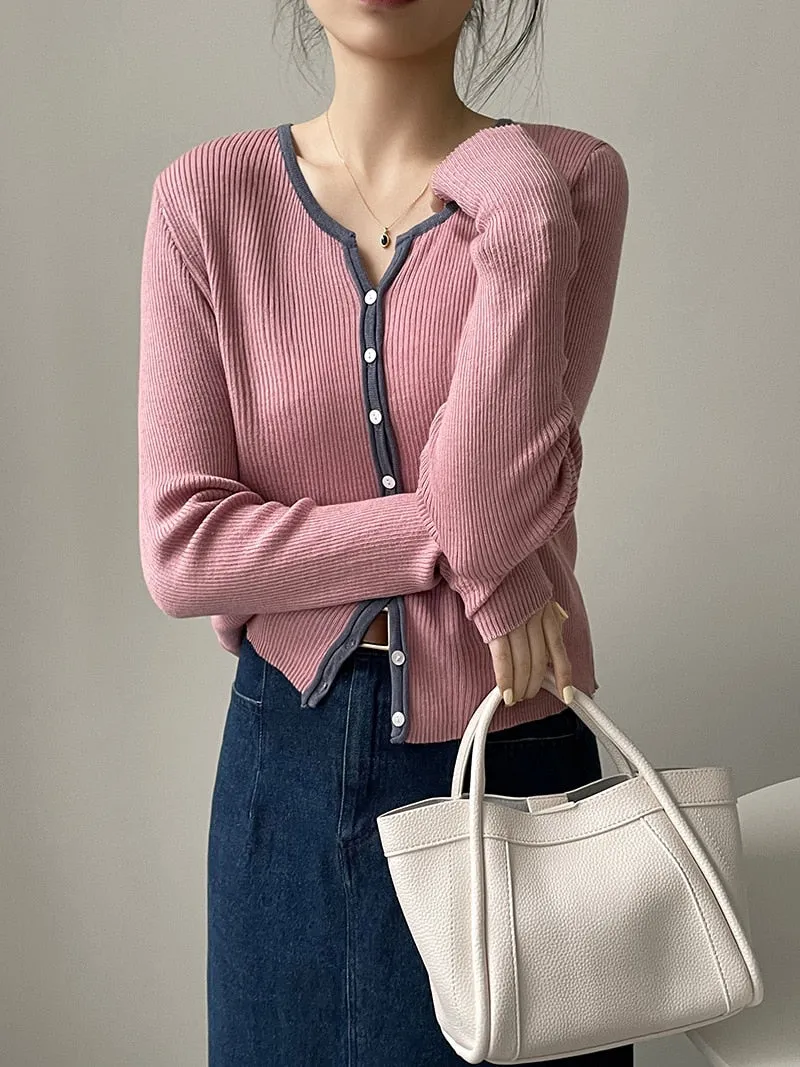 [Korean Style] Contrast Color Round Neck Rib Knit Cardigan
