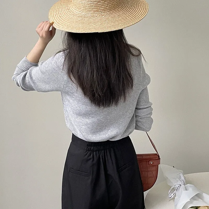 [Korean Style] Contrast Color Round Neck Rib Knit Cardigan