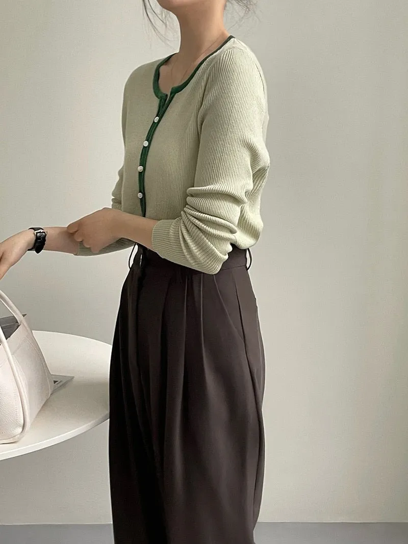 [Korean Style] Contrast Color Round Neck Rib Knit Cardigan