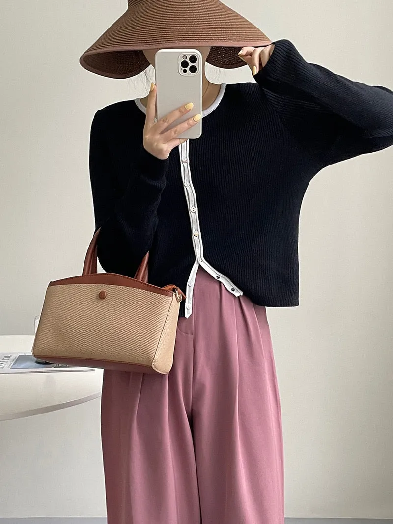 [Korean Style] Contrast Color Round Neck Rib Knit Cardigan
