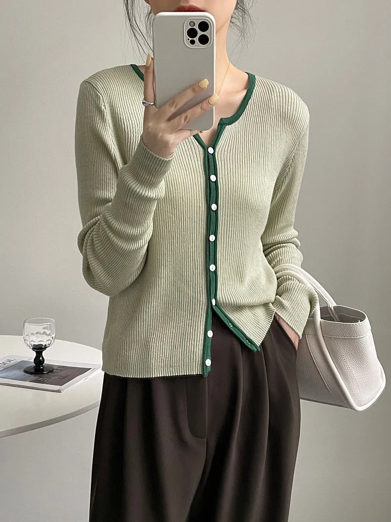 [Korean Style] Contrast Color Round Neck Rib Knit Cardigan