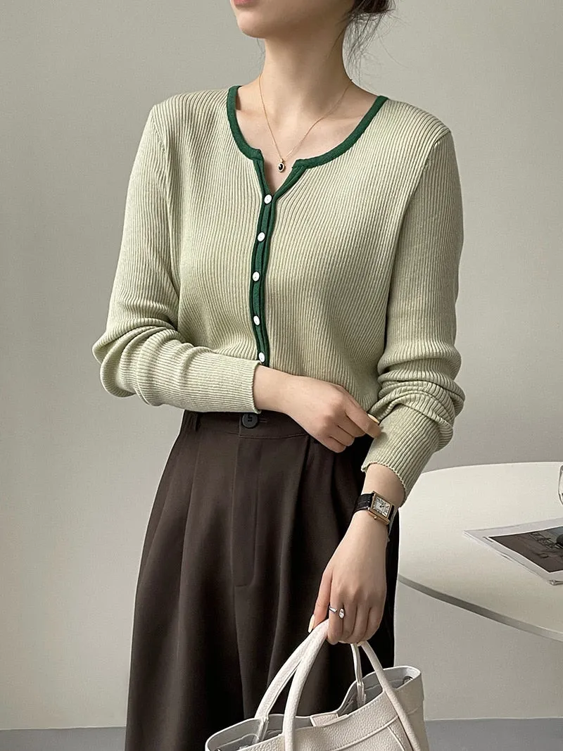 [Korean Style] Contrast Color Round Neck Rib Knit Cardigan