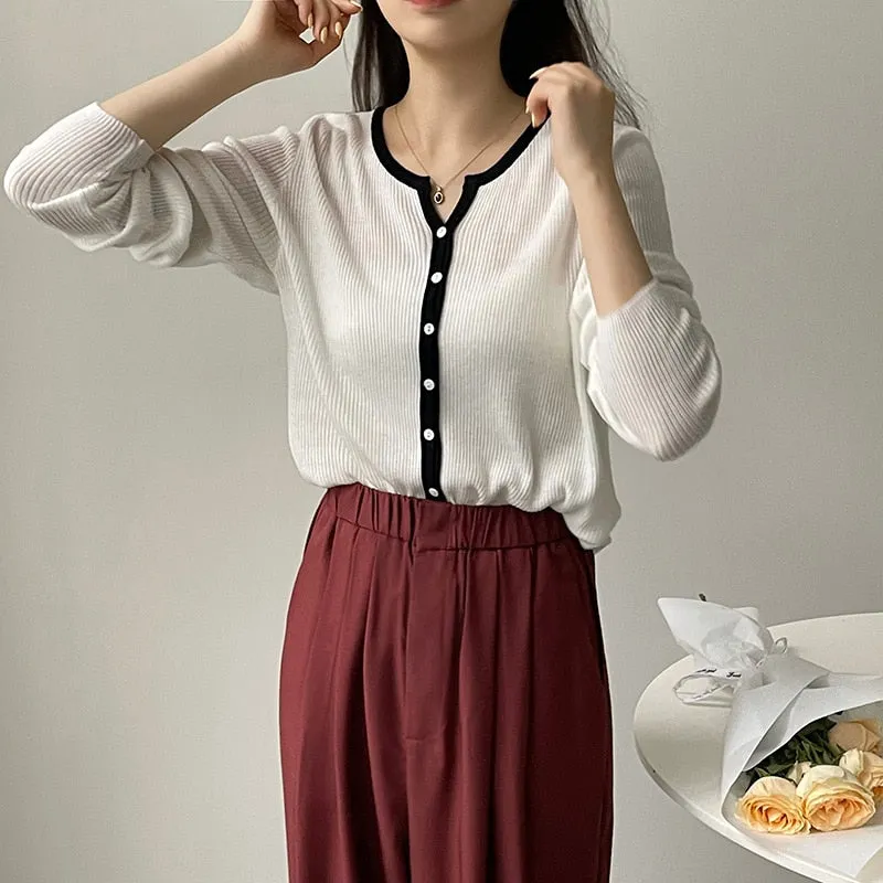 [Korean Style] Contrast Color Round Neck Rib Knit Cardigan