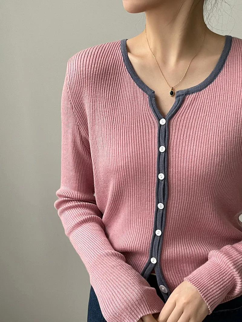 [Korean Style] Contrast Color Round Neck Rib Knit Cardigan