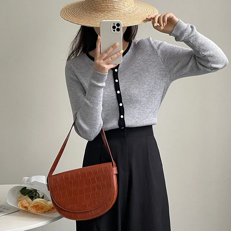 [Korean Style] Contrast Color Round Neck Rib Knit Cardigan