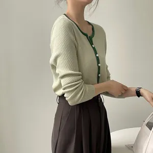 [Korean Style] Contrast Color Round Neck Rib Knit Cardigan