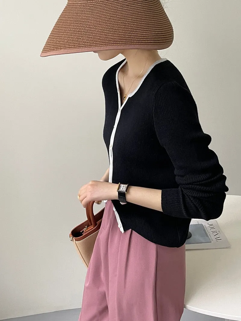 [Korean Style] Contrast Color Round Neck Rib Knit Cardigan