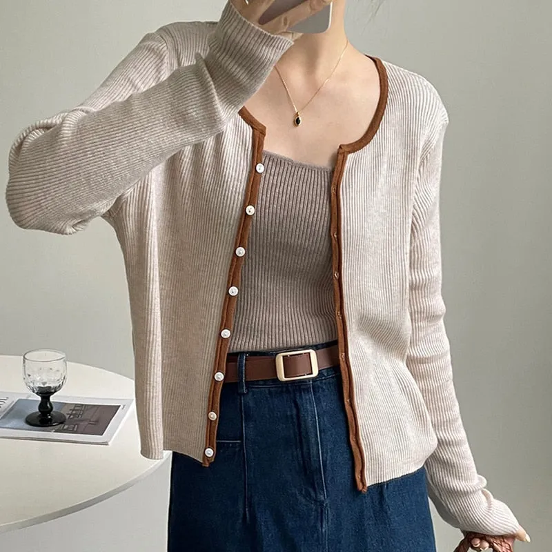 [Korean Style] Contrast Color Round Neck Rib Knit Cardigan