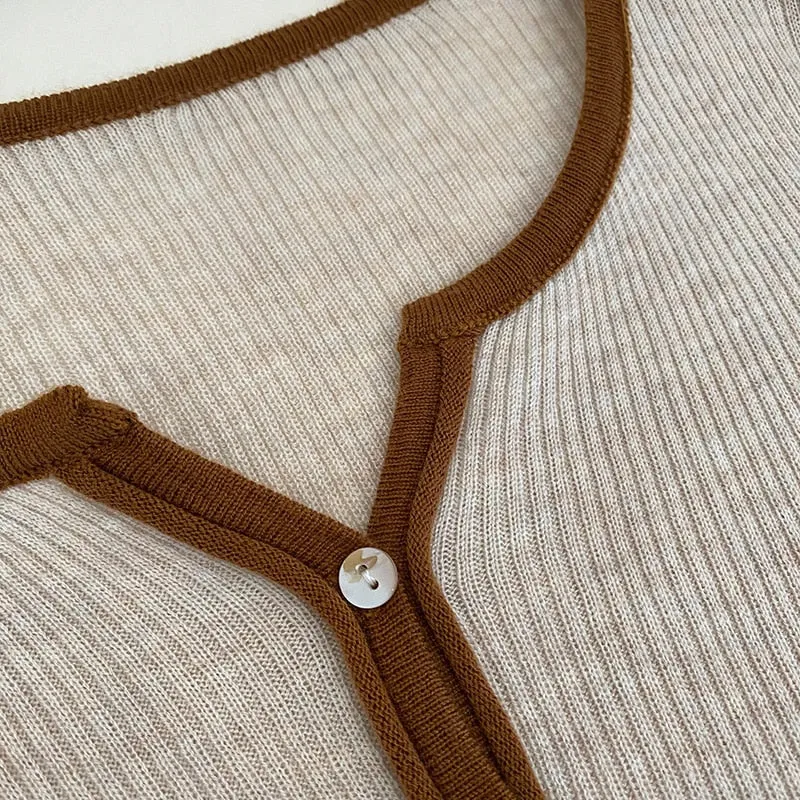 [Korean Style] Contrast Color Round Neck Rib Knit Cardigan
