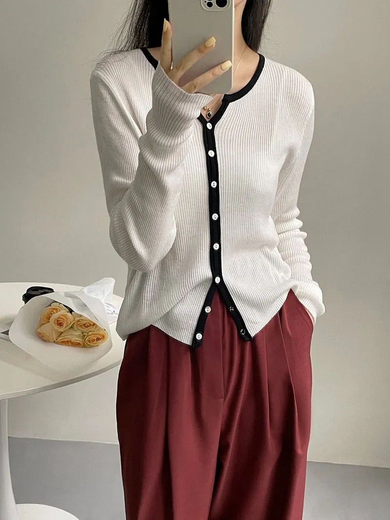 [Korean Style] Contrast Color Round Neck Rib Knit Cardigan