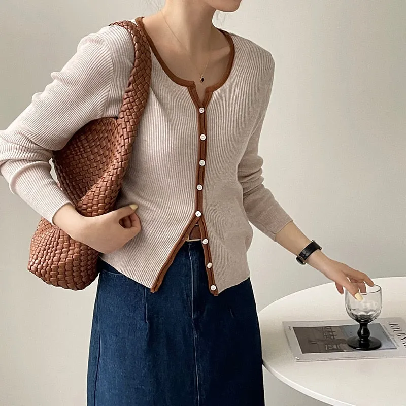[Korean Style] Contrast Color Round Neck Rib Knit Cardigan