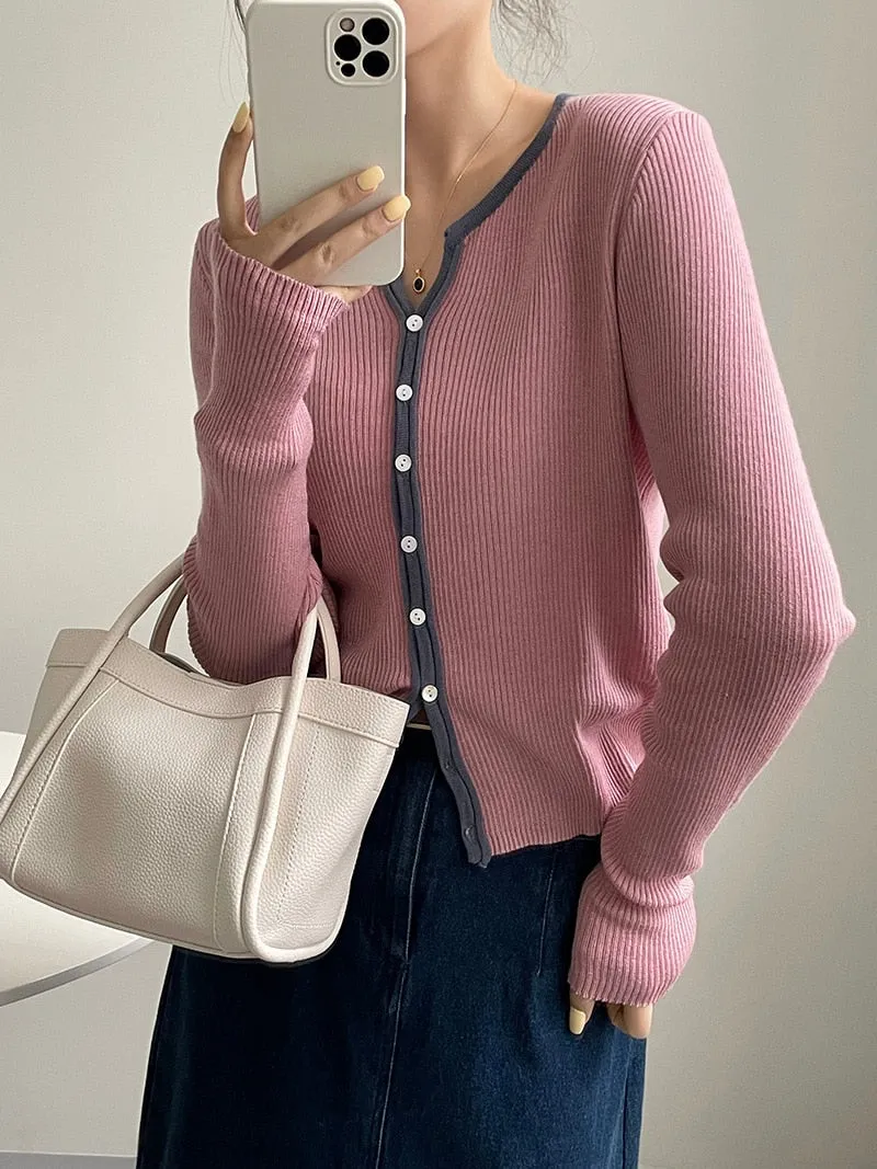 [Korean Style] Contrast Color Round Neck Rib Knit Cardigan