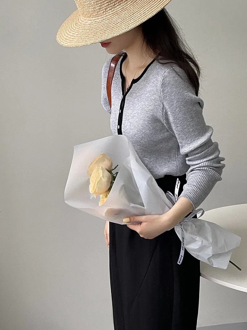 [Korean Style] Contrast Color Round Neck Rib Knit Cardigan