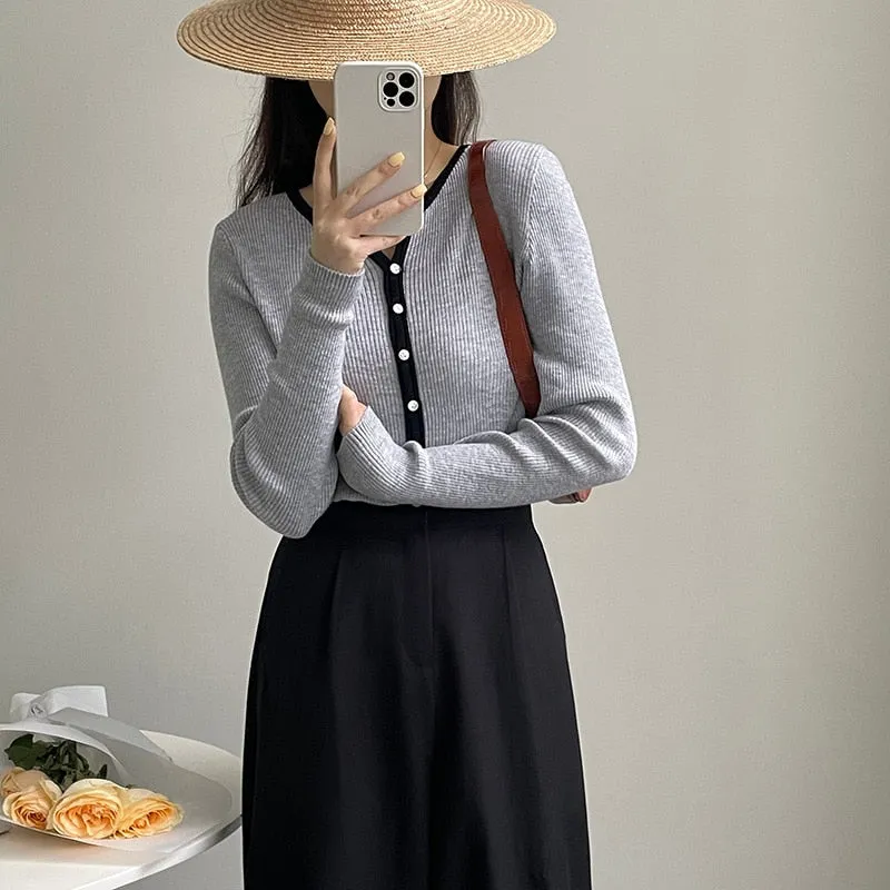 [Korean Style] Contrast Color Round Neck Rib Knit Cardigan