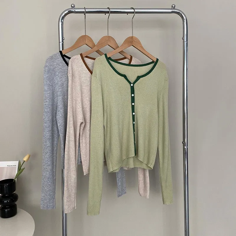 [Korean Style] Contrast Color Round Neck Rib Knit Cardigan