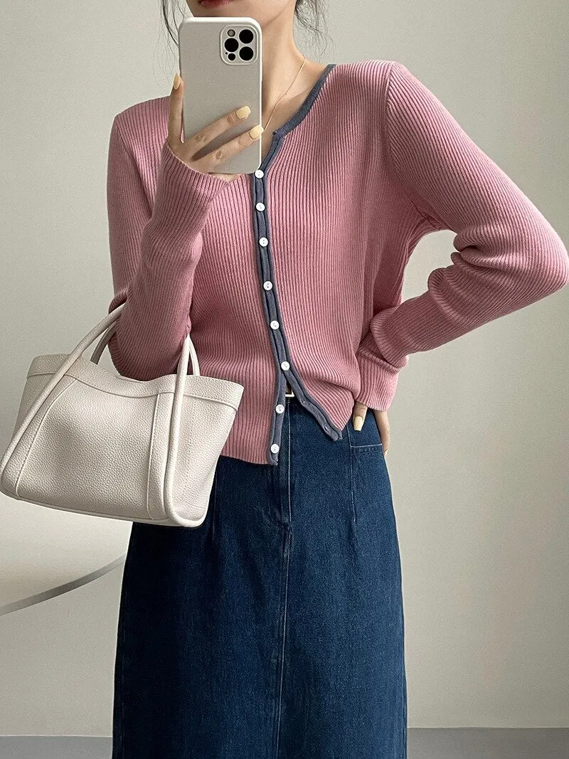 [Korean Style] Contrast Color Round Neck Rib Knit Cardigan