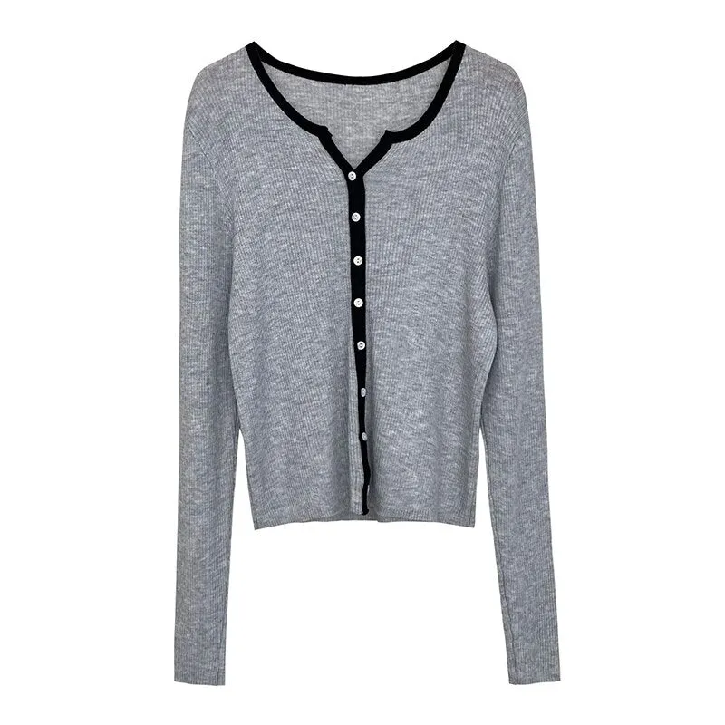 [Korean Style] Contrast Color Round Neck Rib Knit Cardigan