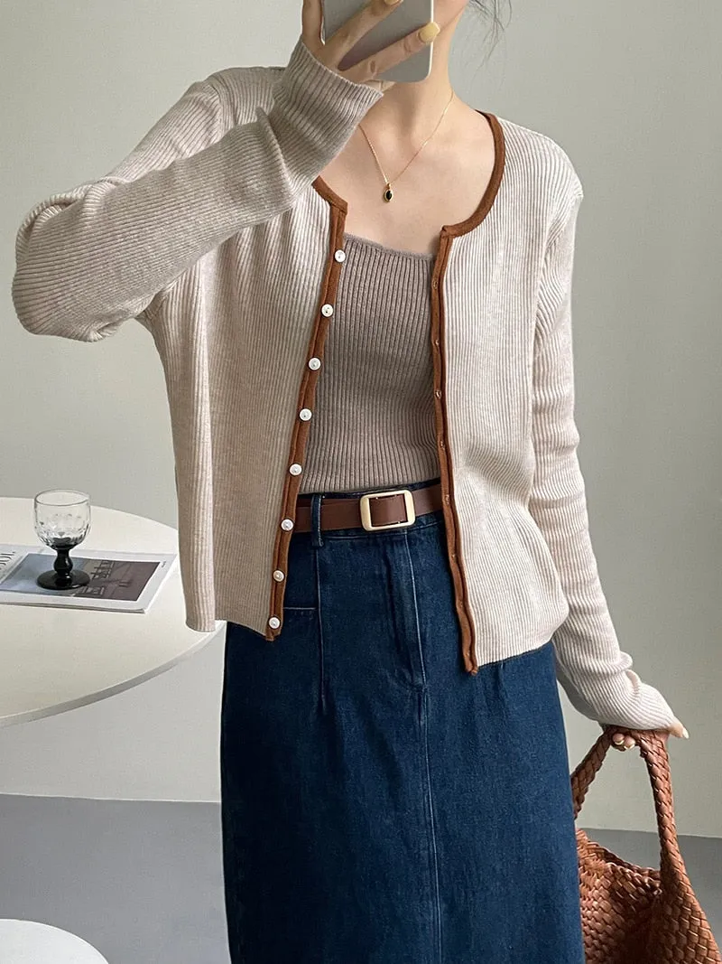 [Korean Style] Contrast Color Round Neck Rib Knit Cardigan