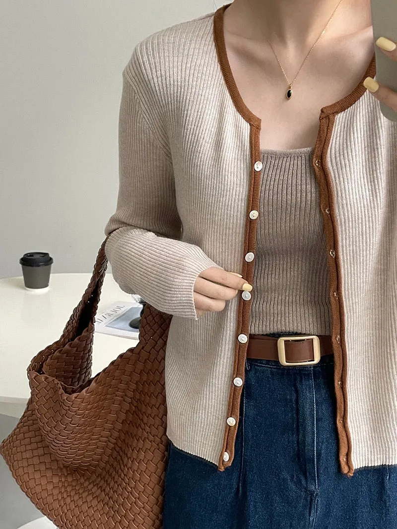 [Korean Style] Contrast Color Round Neck Rib Knit Cardigan