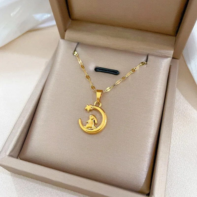 Korean Style CuteStar-Moon Rabbit Animal Pendant Necklace For Women