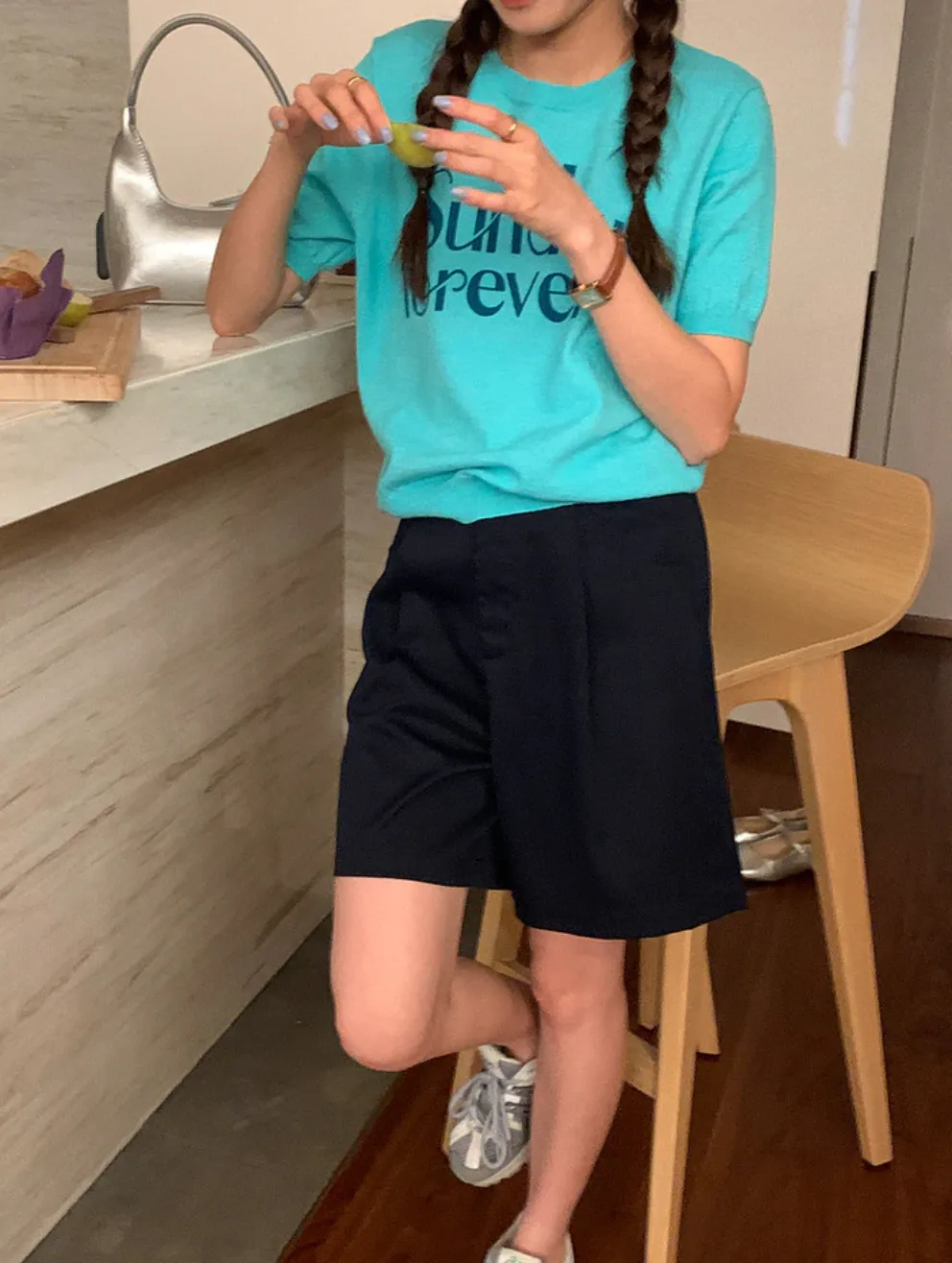 [Korean Style] Graphic Short Sleeve Find Knit Top