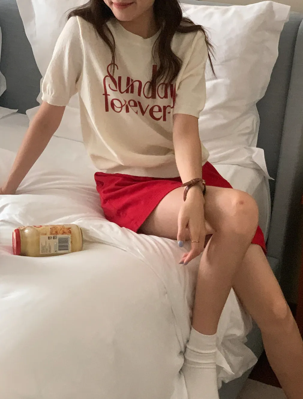 [Korean Style] Graphic Short Sleeve Find Knit Top