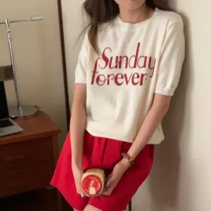 [Korean Style] Graphic Short Sleeve Find Knit Top