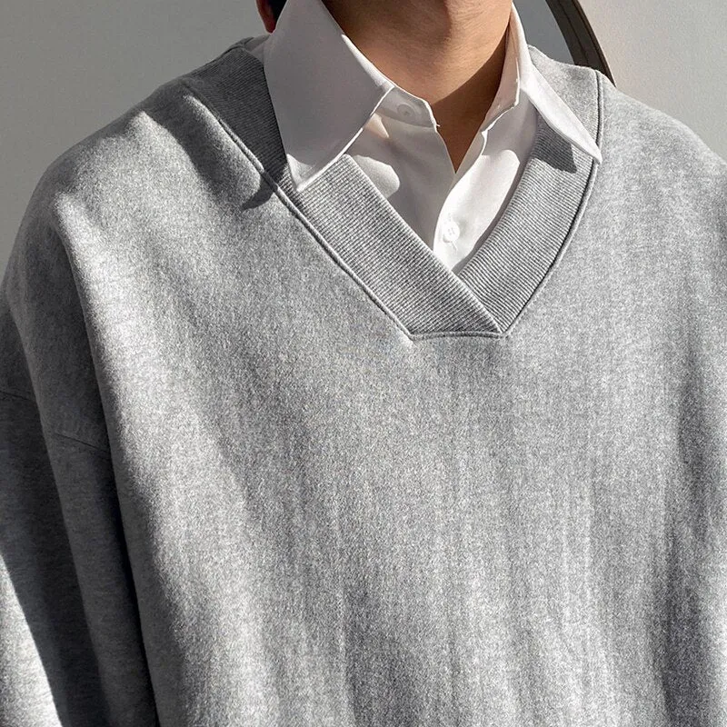 [Korean Style] Gray Solid V-neck Sweatshirts