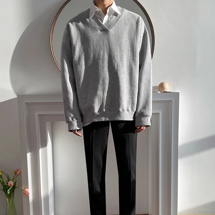 [Korean Style] Gray Solid V-neck Sweatshirts