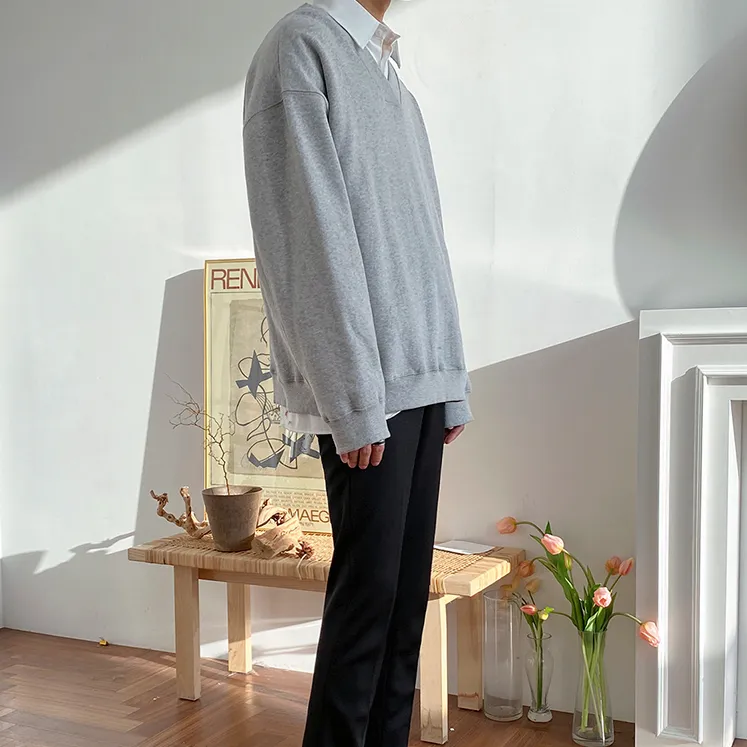 [Korean Style] Gray Solid V-neck Sweatshirts