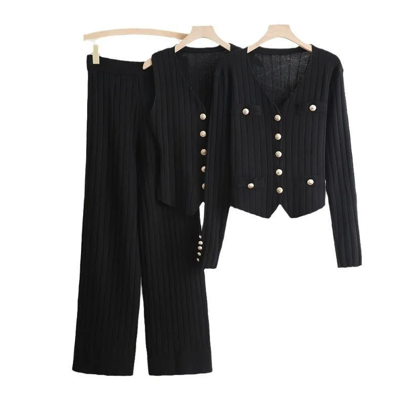 Korean style long-sleeved V-neck single-breasted knitted jacket three-piece vest high waist straight wide-leg pants