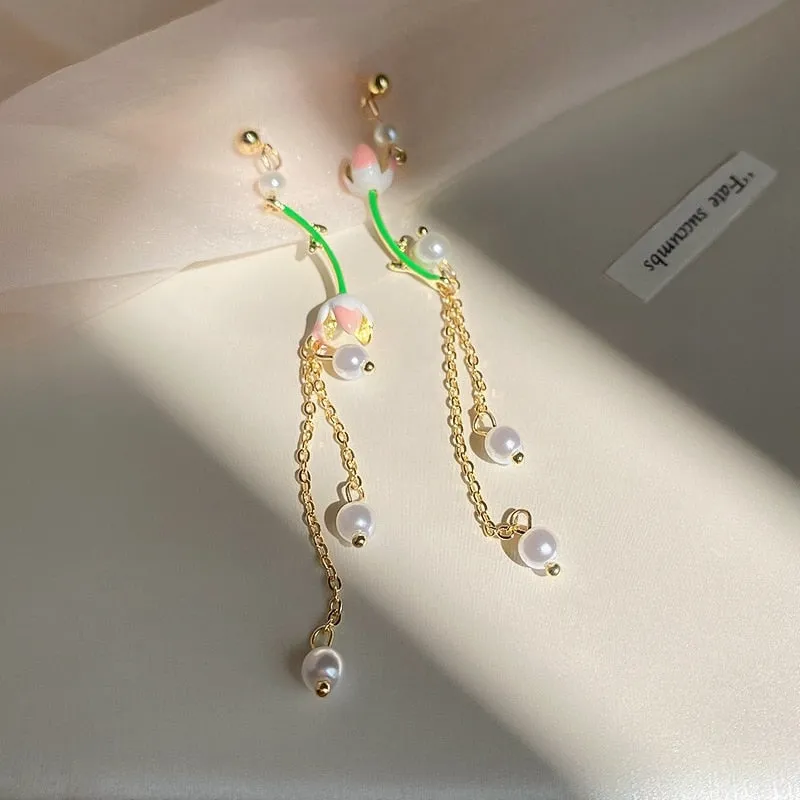 Korean Sweet Fresh Pink Flower Drop Earrings For Women