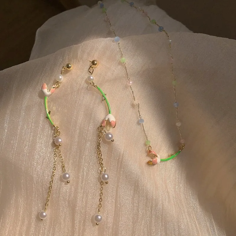 Korean Sweet Fresh Pink Flower Drop Earrings For Women