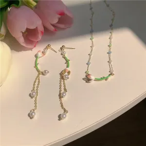 Korean Sweet Fresh Pink Flower Drop Earrings For Women