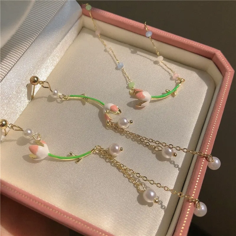 Korean Sweet Fresh Pink Flower Drop Earrings For Women